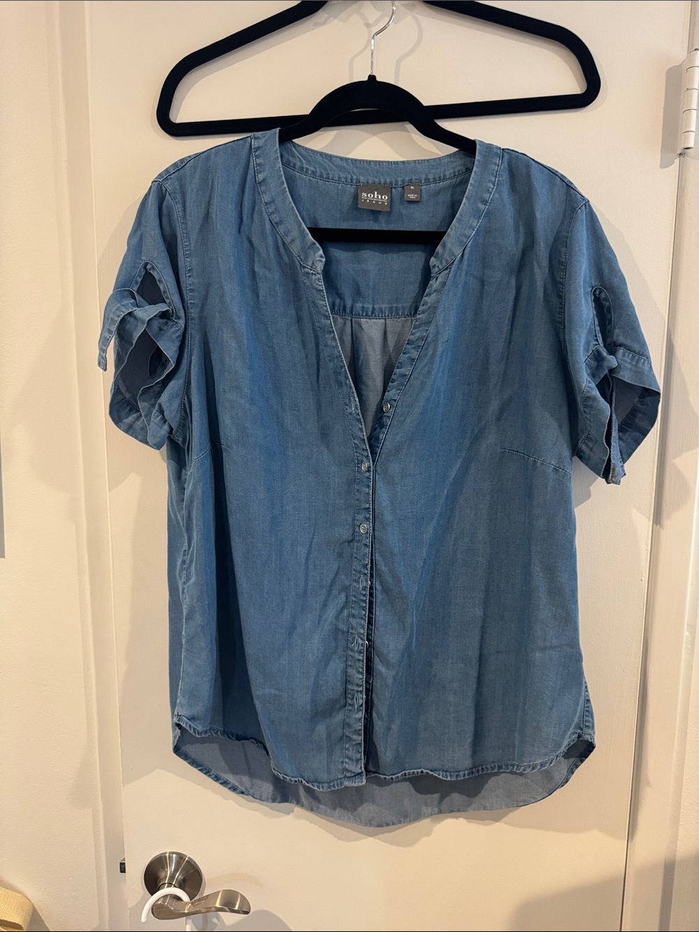 NY&Co Soho Lycocel Denim Blue Button-Front Tie-Sleeve Top XL Like New Cool